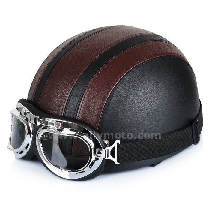 129 Synthetic Leather Vintage Style Motorbike Cruiser Touring Scooter Open Face Half Helmets Goggles Visor@3